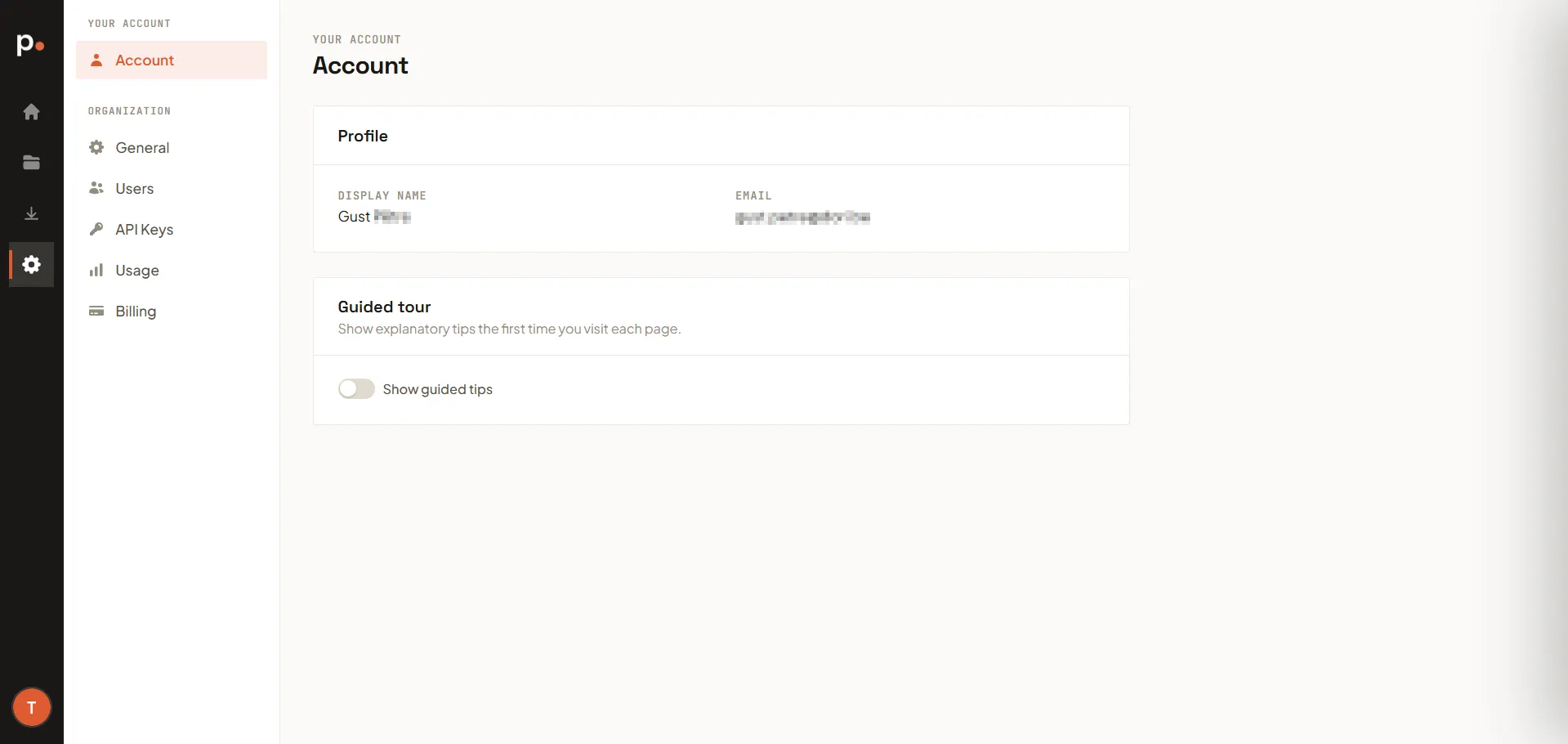 The Account settings page with the Profile and Guided tour sections