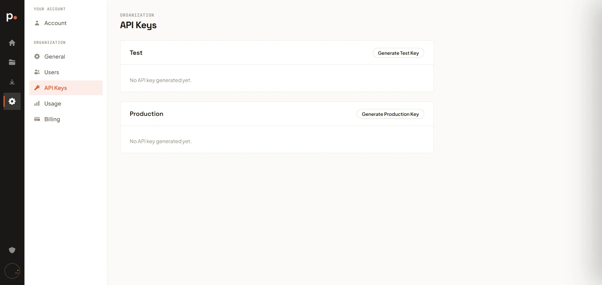 The API Keys page with the Test and Production sections