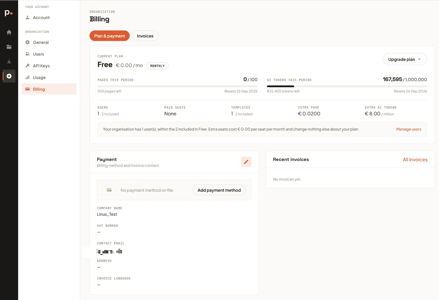 The Plan &amp; payment tab on the Free plan, showing the Current plan card with its allowance meters above the Payment and Recent invoices cards