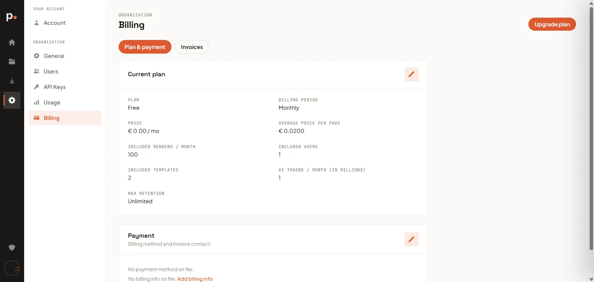 The Plan & payment tab with the Current plan and Payment cards