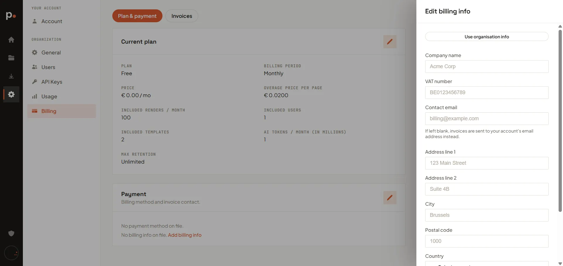 The Billing page with an empty Payment card and the Edit billing info panel open, showing the company name, VAT number, contact email, and address fields