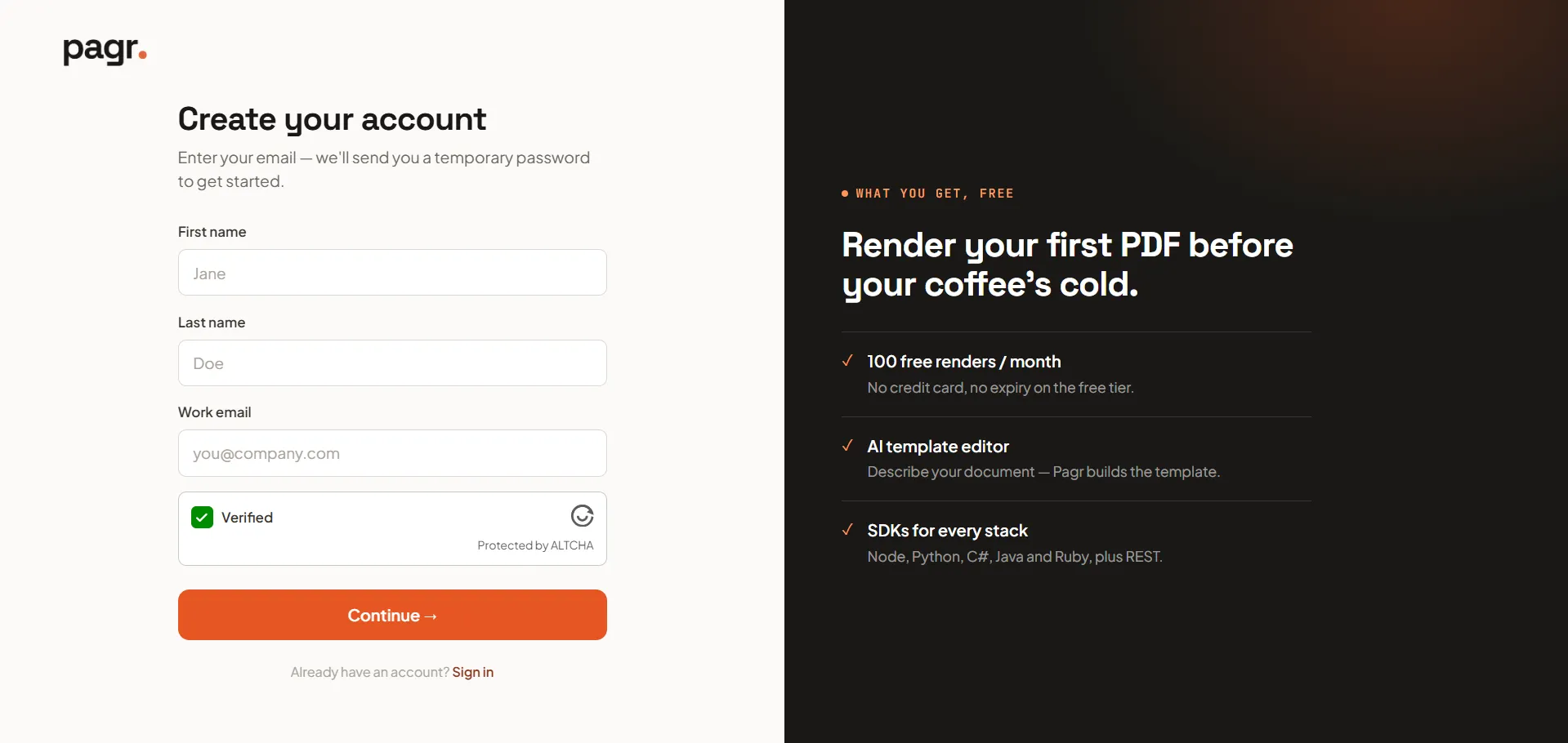 The Create your account signup page at pagr.eu/signup