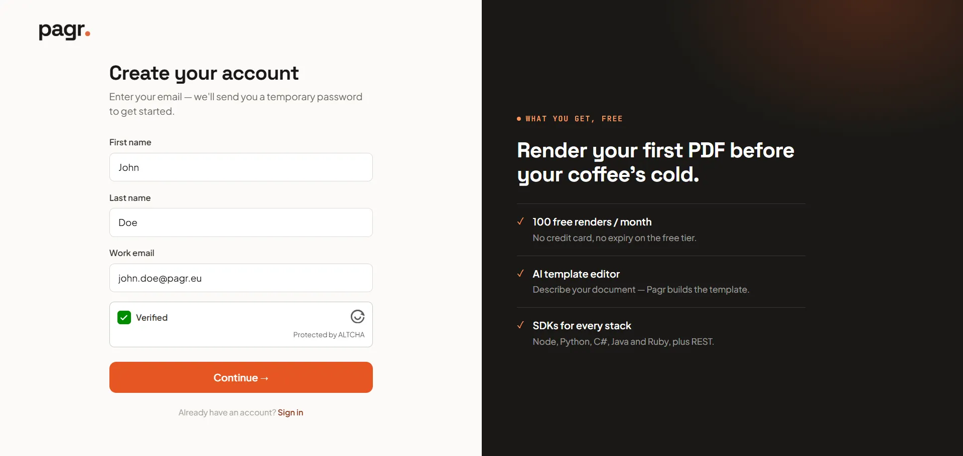 The Create your account form with first name, last name, and work email fields
