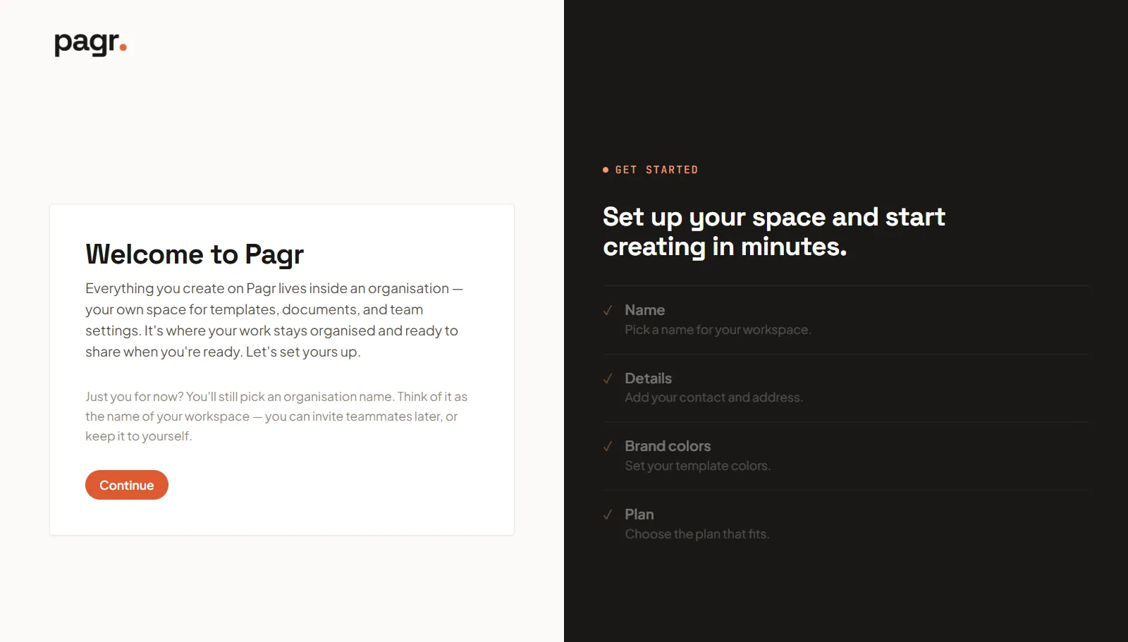 The “Welcome to Pagr” screen introducing the organisation setup