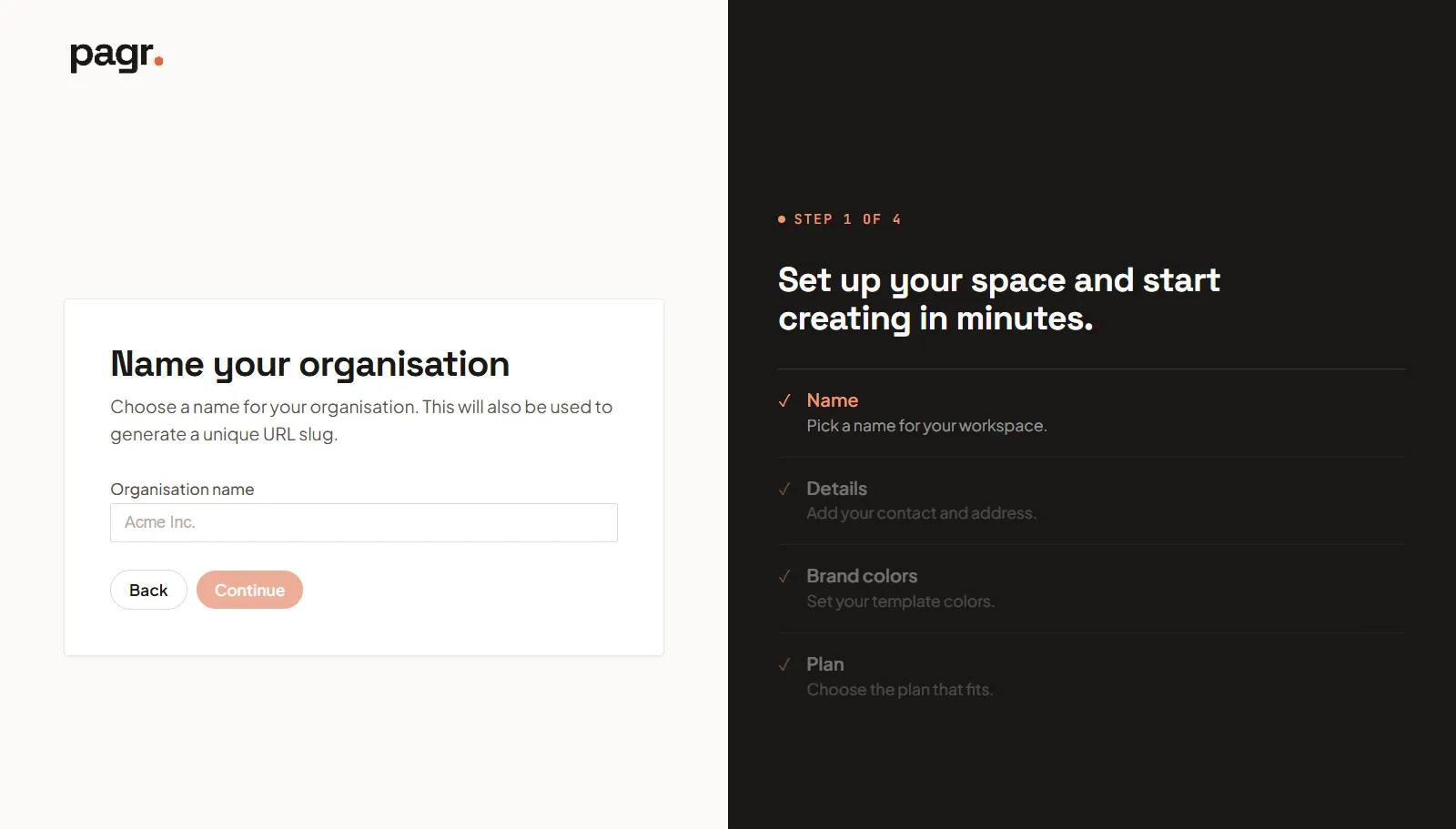The Name your organisation step