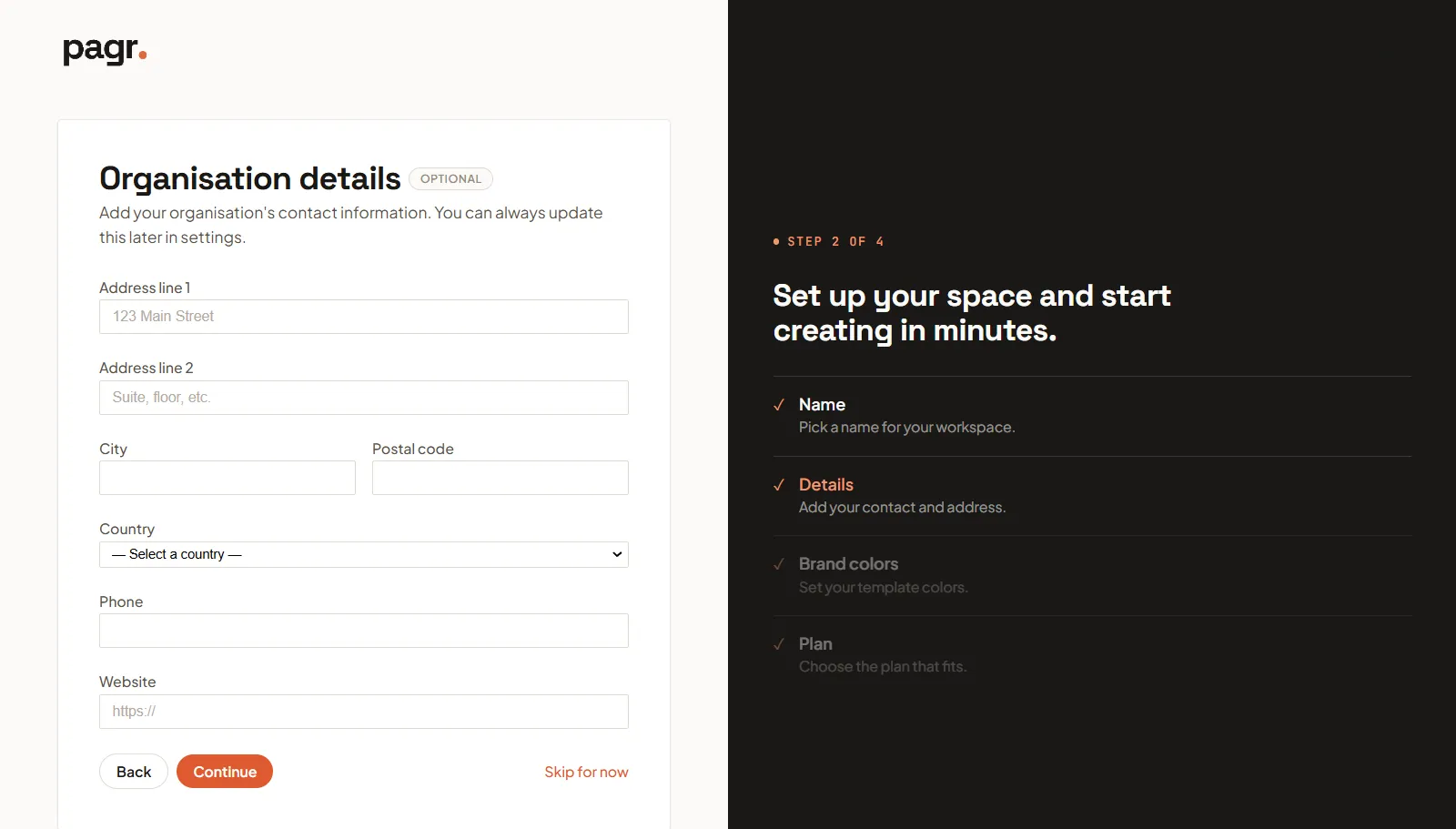 The Organisation details step