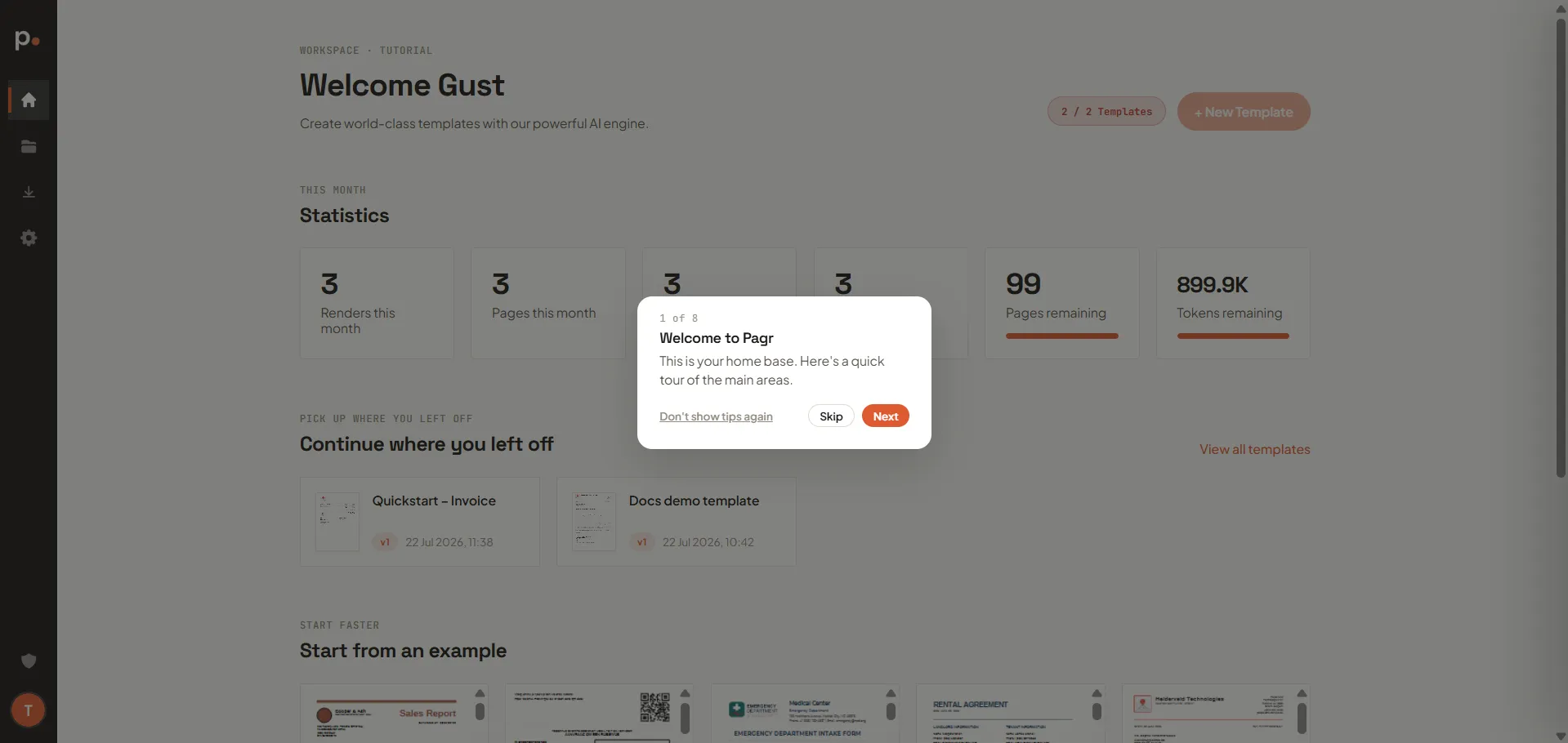 The Dashboard with the welcome tour popup