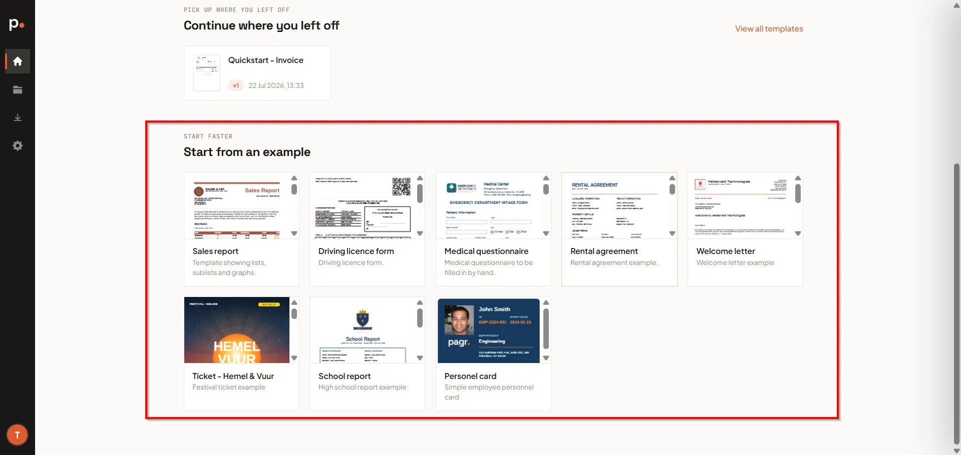 The Start from an example gallery of ready-made templates