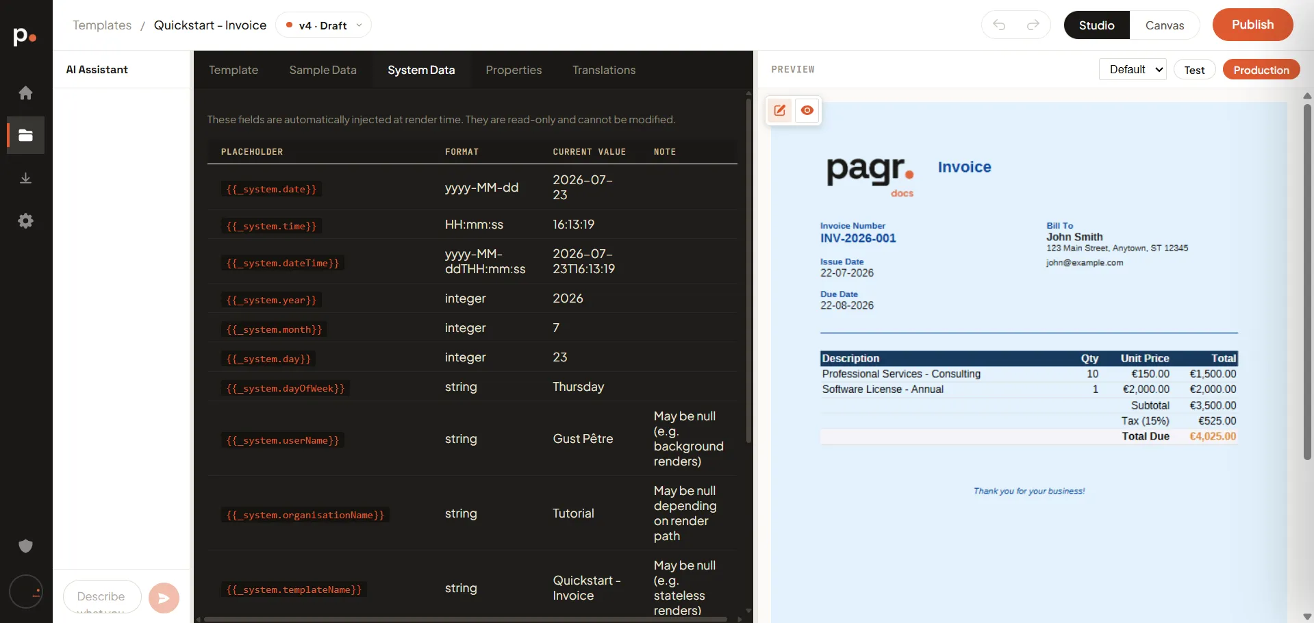 The System Data tab listing the read-only system placeholders