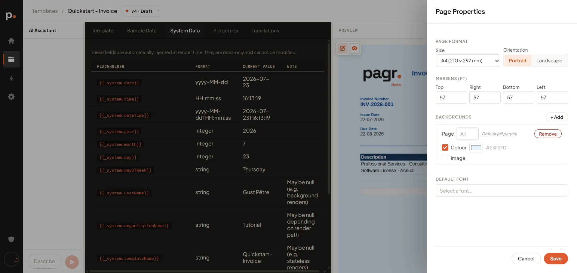 The Page Properties form with page format, margins, backgrounds, and default font