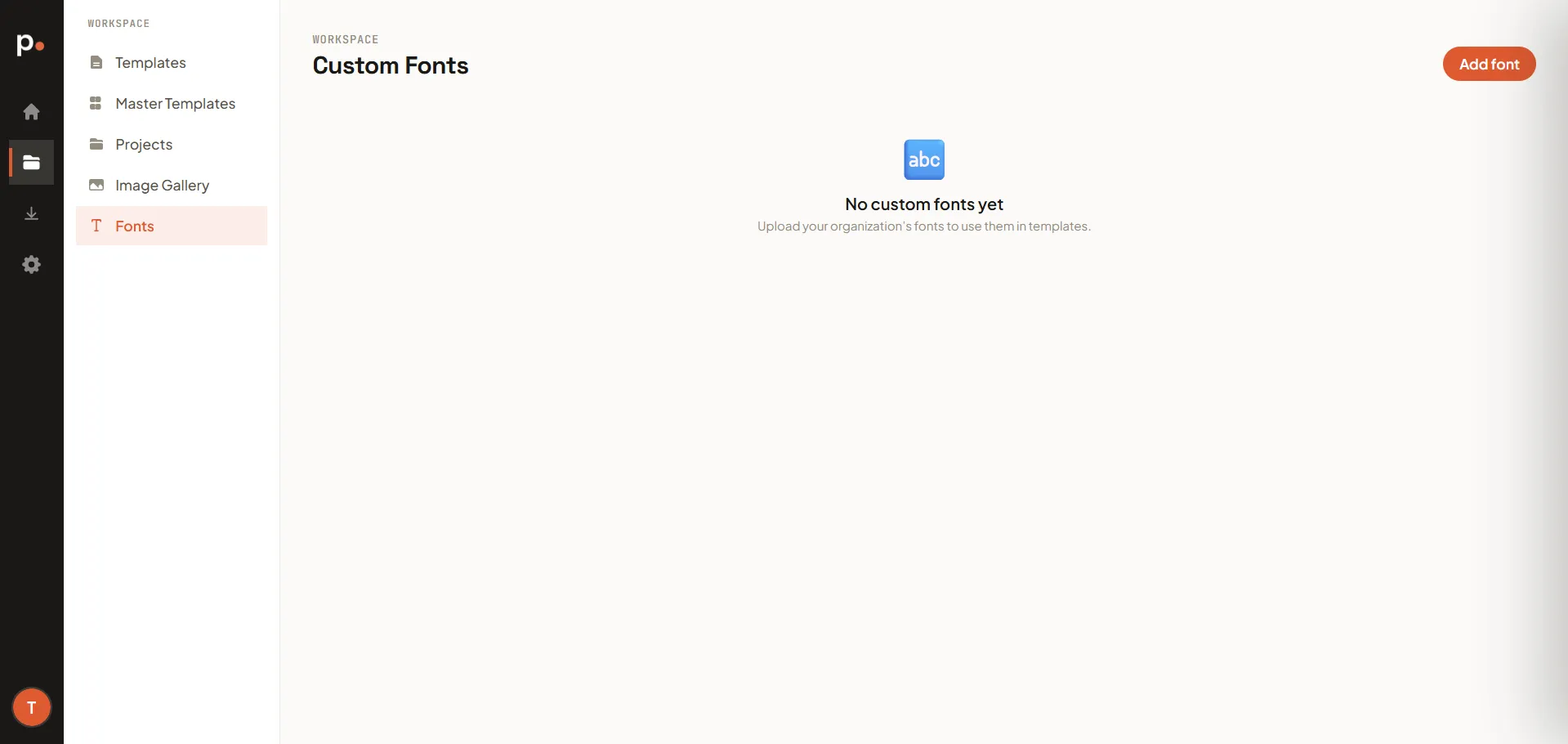 The Custom Fonts page with the empty state and Add font button