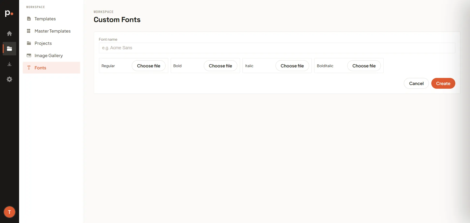 The Add font form with the font name and a file upload for each style