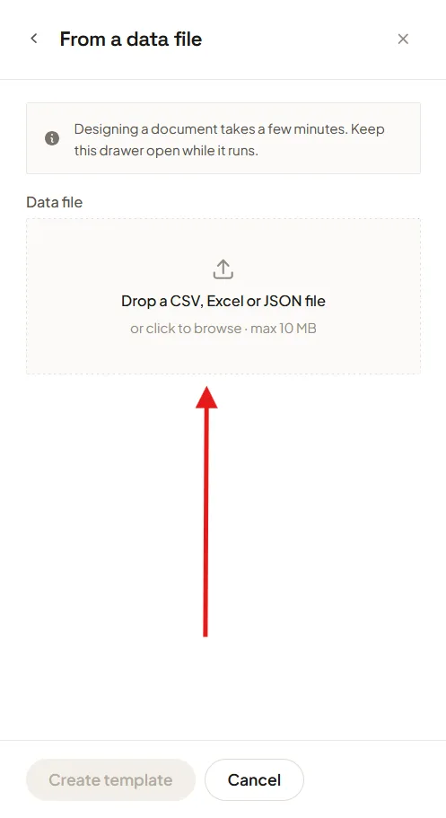 The From a data file panel before uploading: an empty upload area reading Drop a CSV, Excel or JSON file, or click to browse, max 10 MB