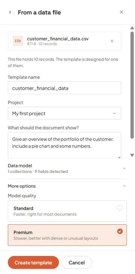 The same panel after uploading: customer_financial_data.csv attached with a note that the file holds 10 records and the template is designed for one of them, the template name filled in from the filename, a project selected, a description of the document, a collapsed Data model reading 1 collections and 9 fields detected, and More options expanded on Model quality with Premium chosen