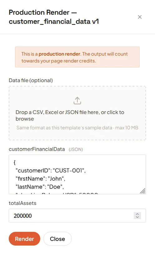 The Production Render dialog with no data file attached, showing the sample record as an editable JSON box and a separate number input, above a Render button