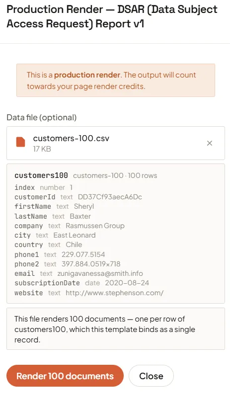The Production Render dialog with a 100-row file attached, showing the detected rows and the Render 100 documents button