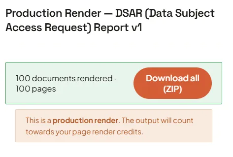 A success banner reading 100 documents rendered, 100 pages, with a Download all (ZIP) button