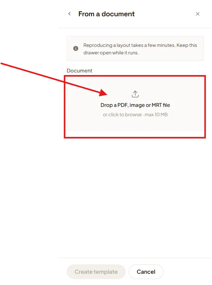 The From a document panel before uploading: an empty upload area reading Drop a PDF, image or MRT file, or click to browse, max 10 MB