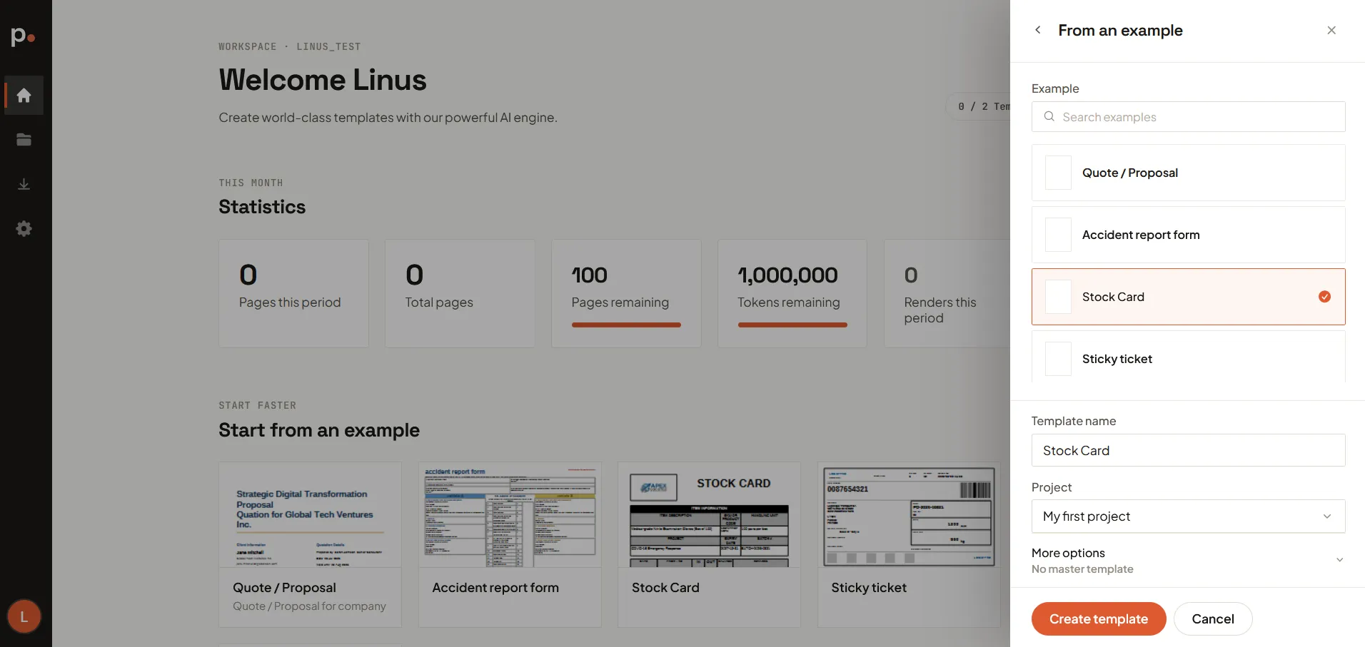 The New Template panel filled in, with From example active and Welcome letter selected in the list