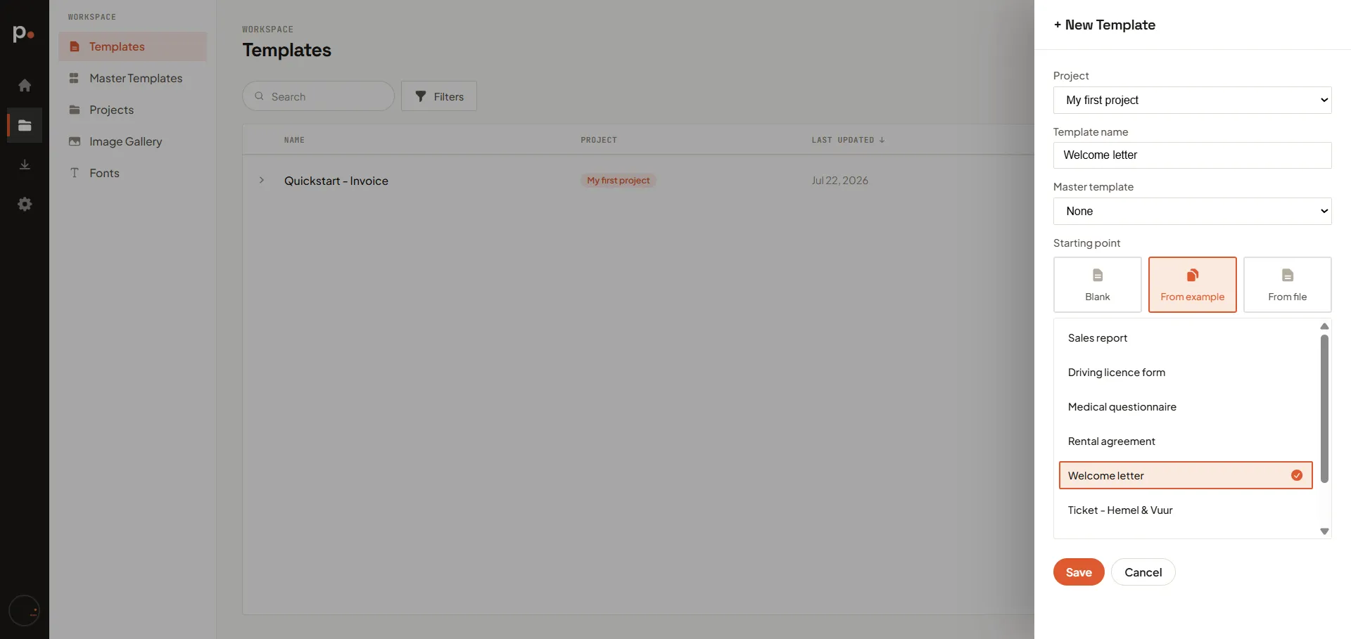 The New Template panel filled in, with From example active and Welcome letter selected in the list