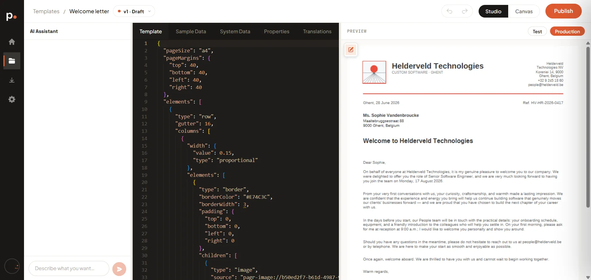 The new template open in the editor as v1 · Draft, with the example’s definition on the Template tab and the finished letter already rendering in the preview