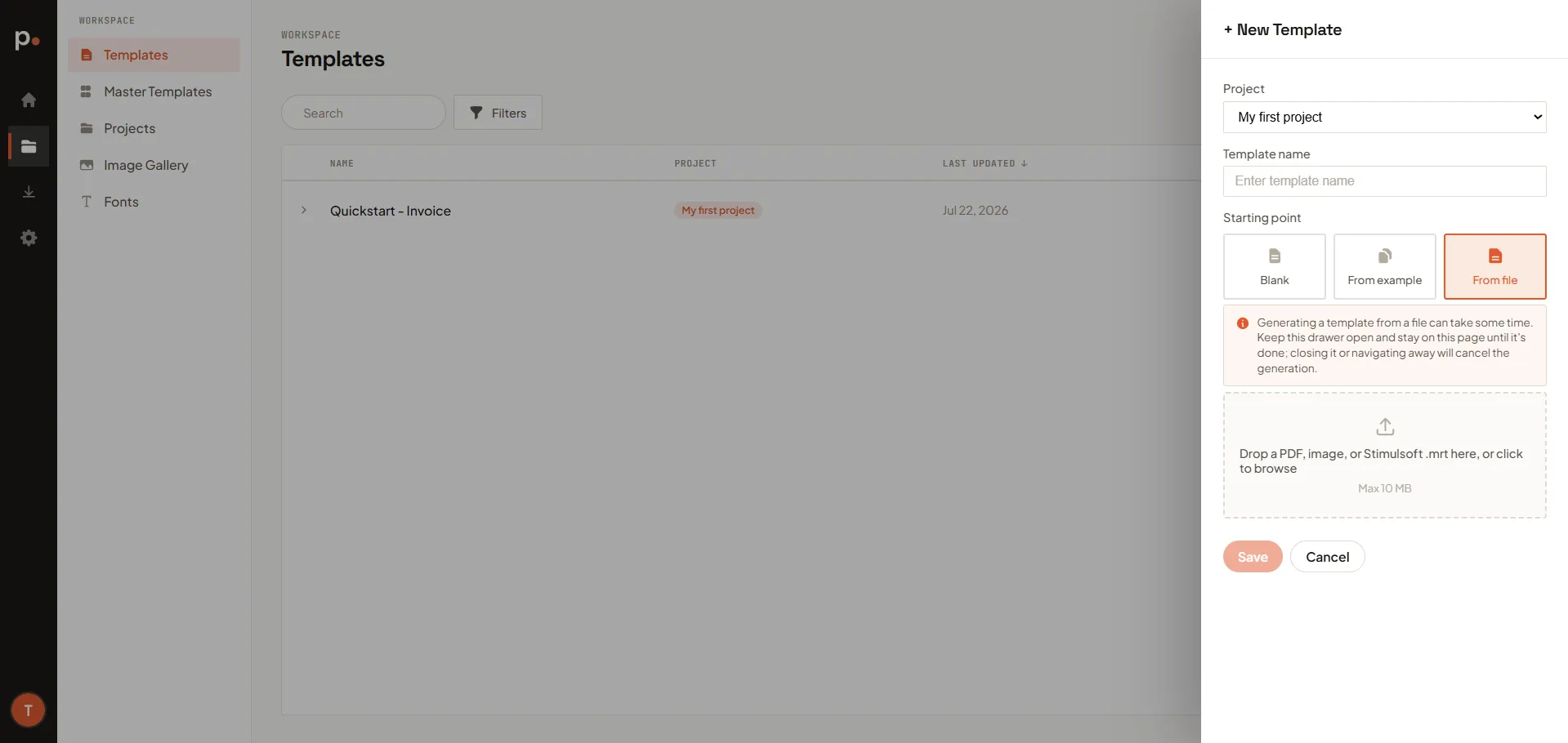 The New Template panel with the From file starting point selected and the upload area showing
