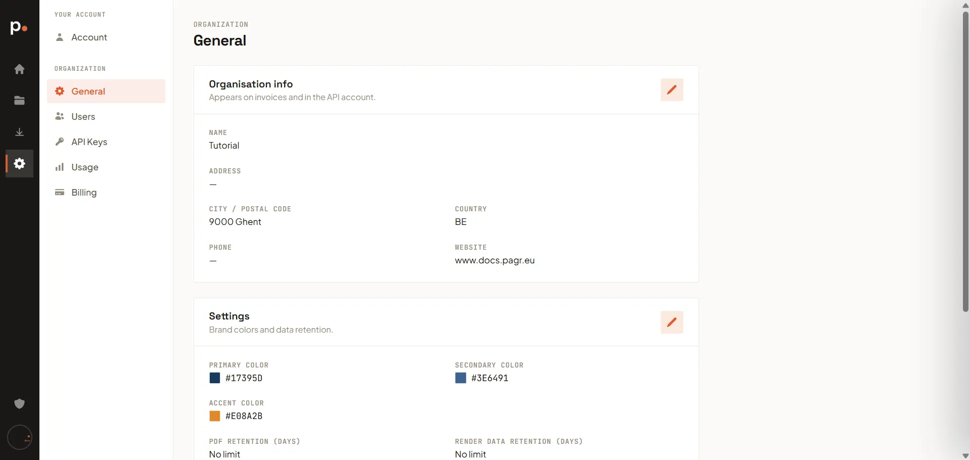 The General settings page with the Organisation info, Settings, and Logo sections