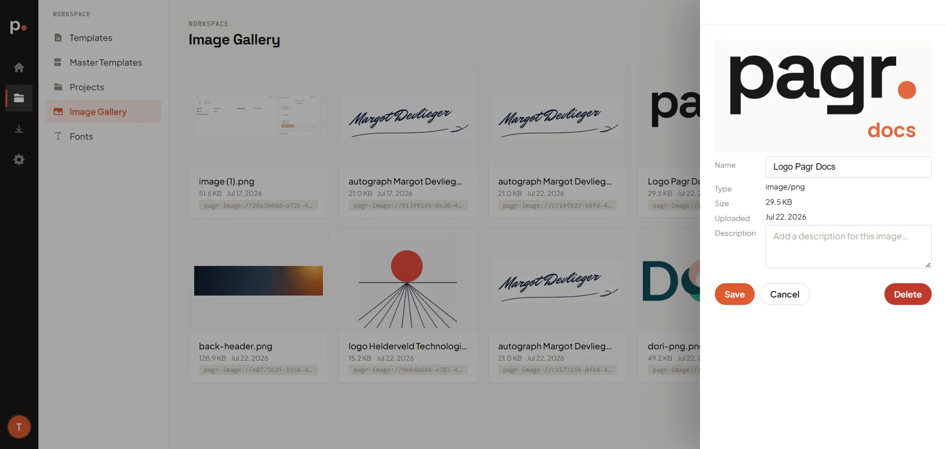 An image card showing the thumbnail, file name, size, and copyable pagr-image:// reference