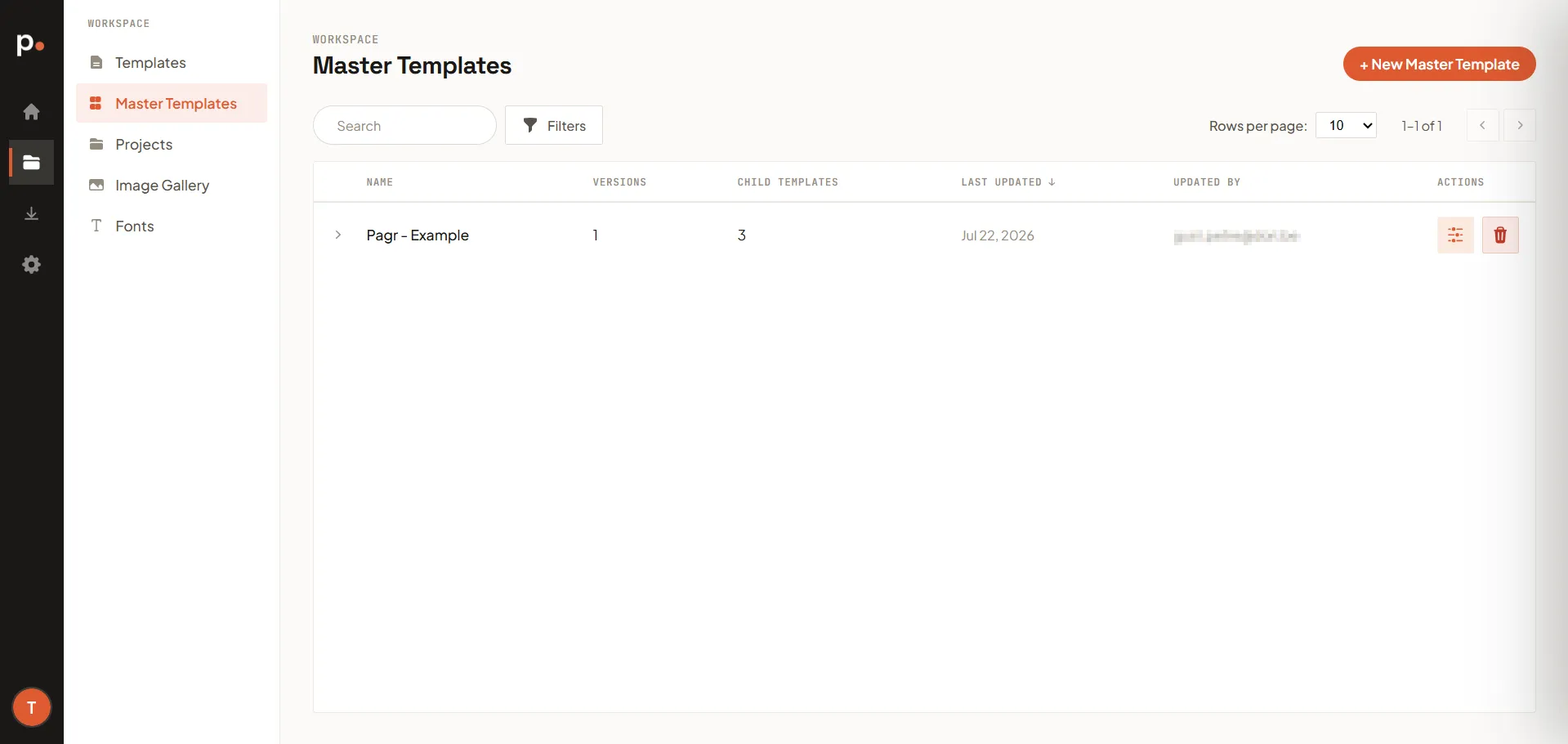 The Master Templates list with the Name, Versions, Child Templates, and Last Updated columns