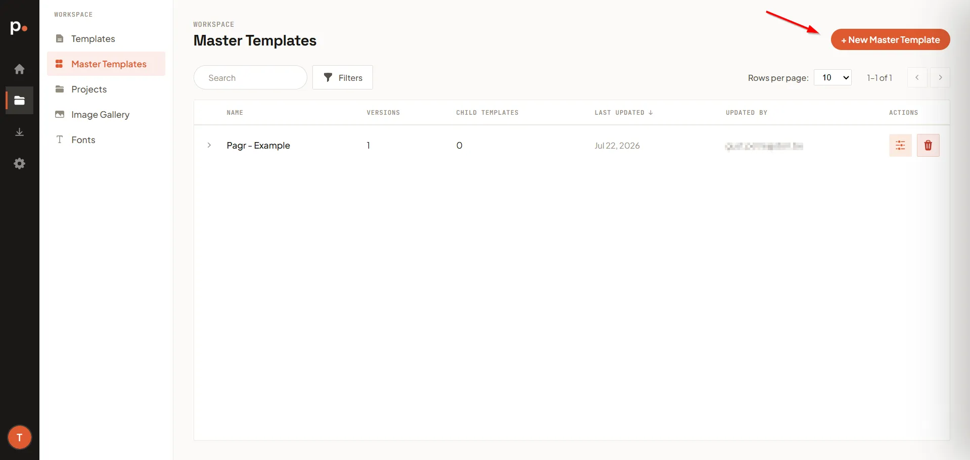 The New Master Template panel with the name field