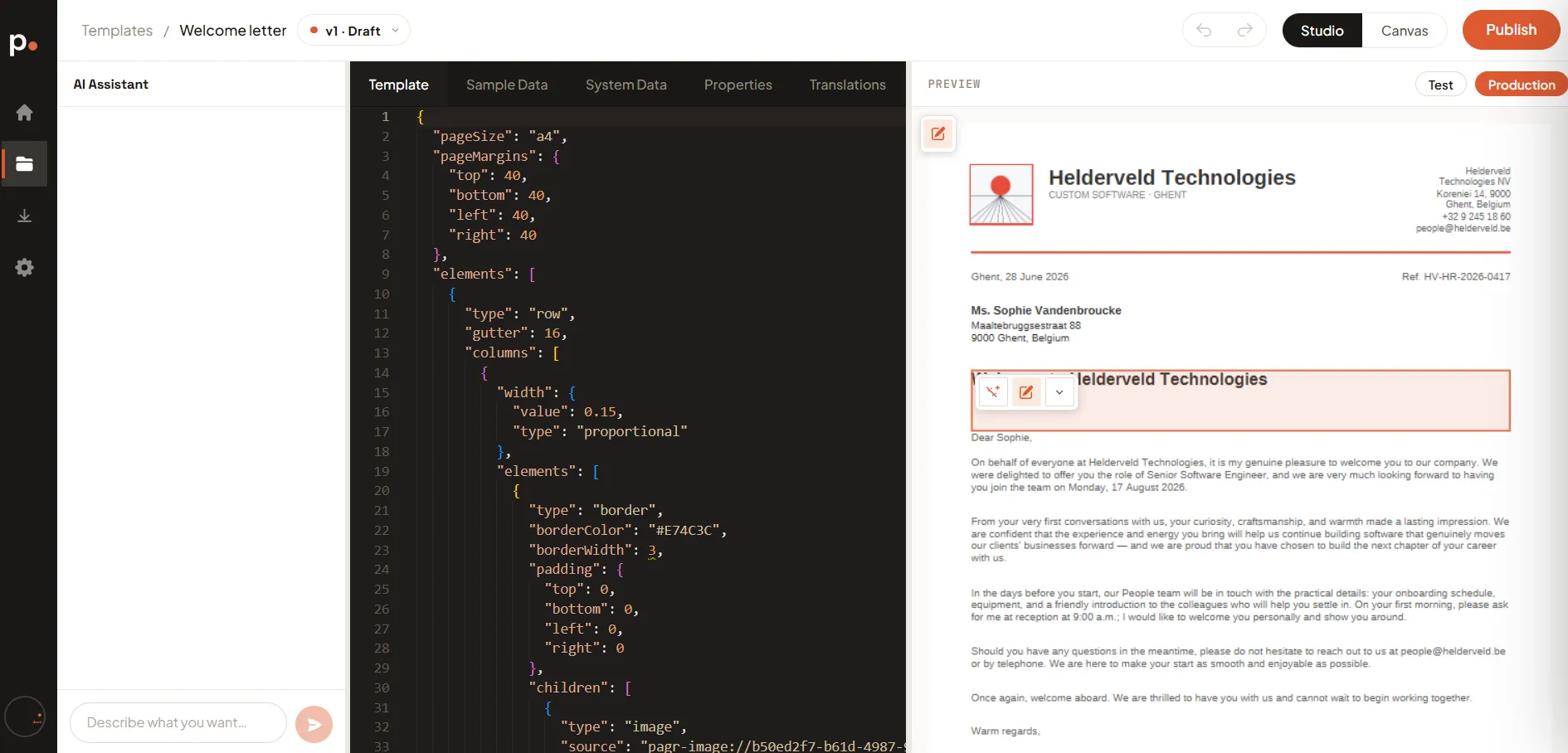 A heading outlined in the preview with its action bar — the sparkle, pencil, and chevron icons — in the top-left corner