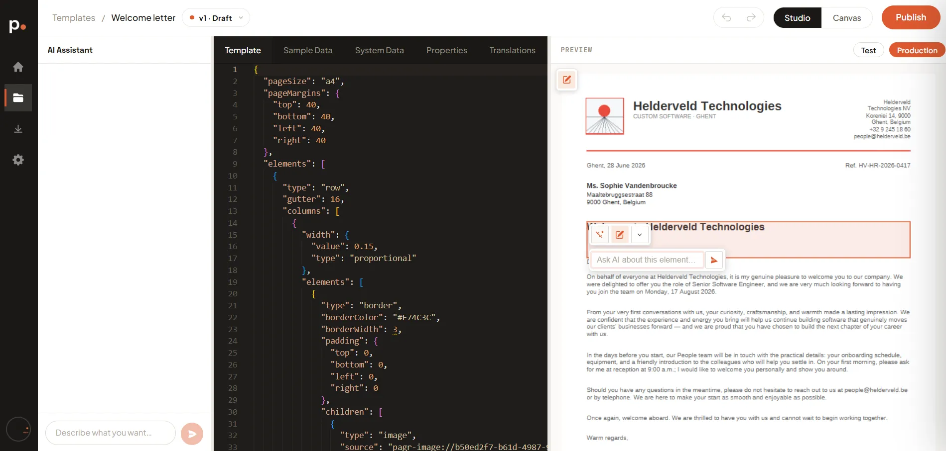 The inline prompt open beneath the action bar, with the placeholder “Ask AI about this element…” and a send button