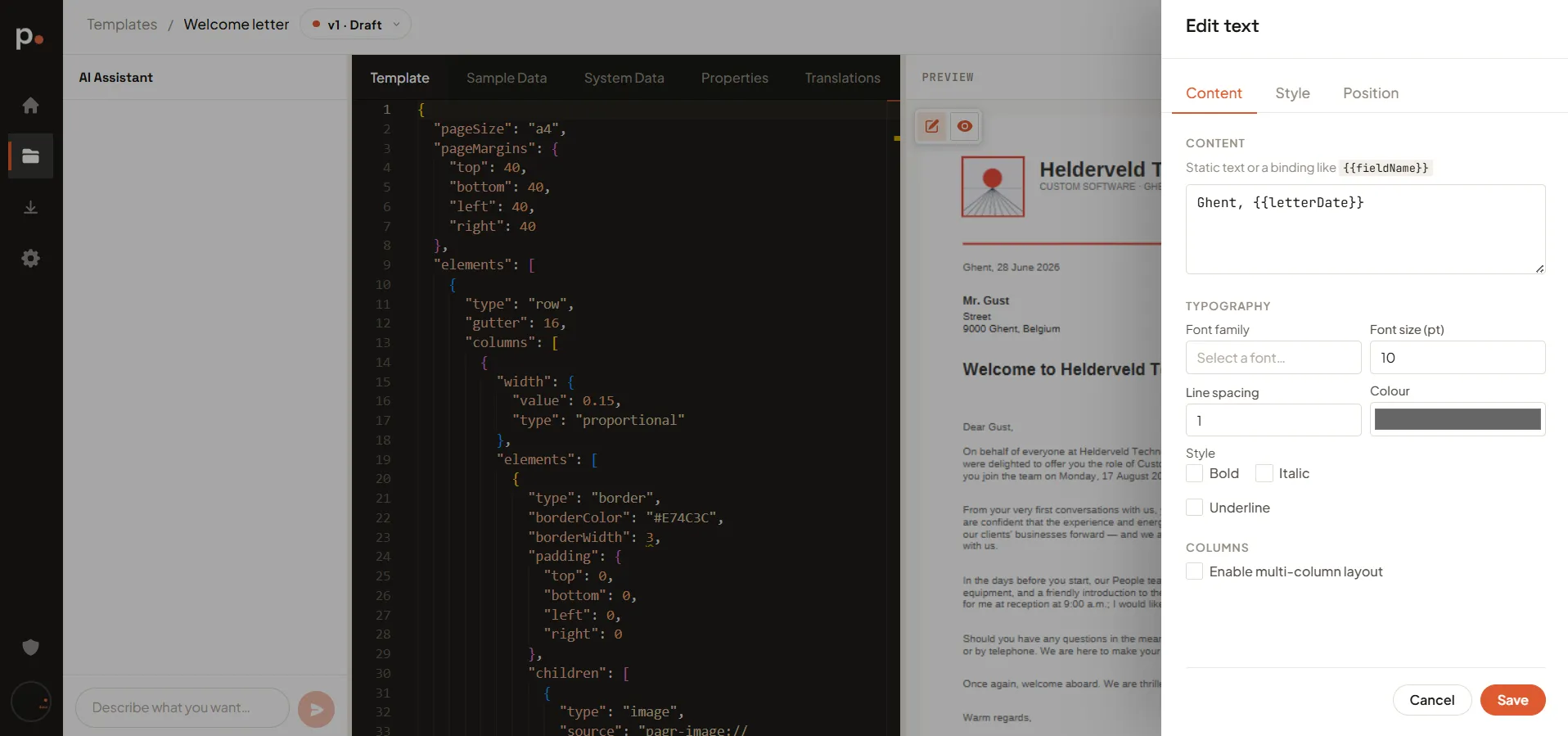 The Edit text panel’s Content tab, with the binding “Ghent, {{letterDate}}” in the content box and the typography fields below it