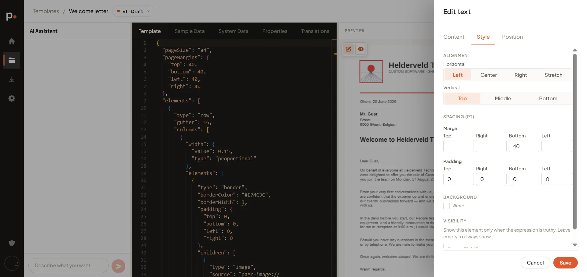 The Edit text panel’s Style tab, with the alignment buttons, per-side margin and padding, background, and the visibility expression