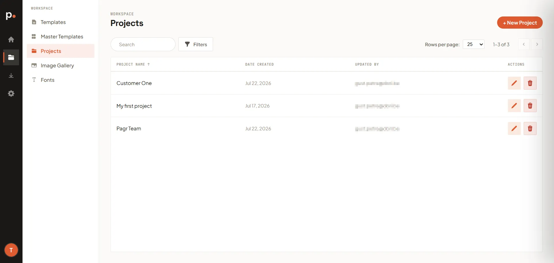 The Projects list with Project Name, Date Created, Updated By, and Actions columns