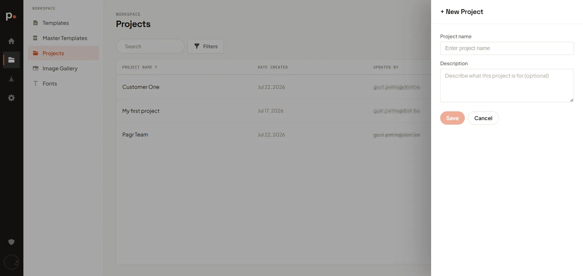 The New Project panel with name and description fields