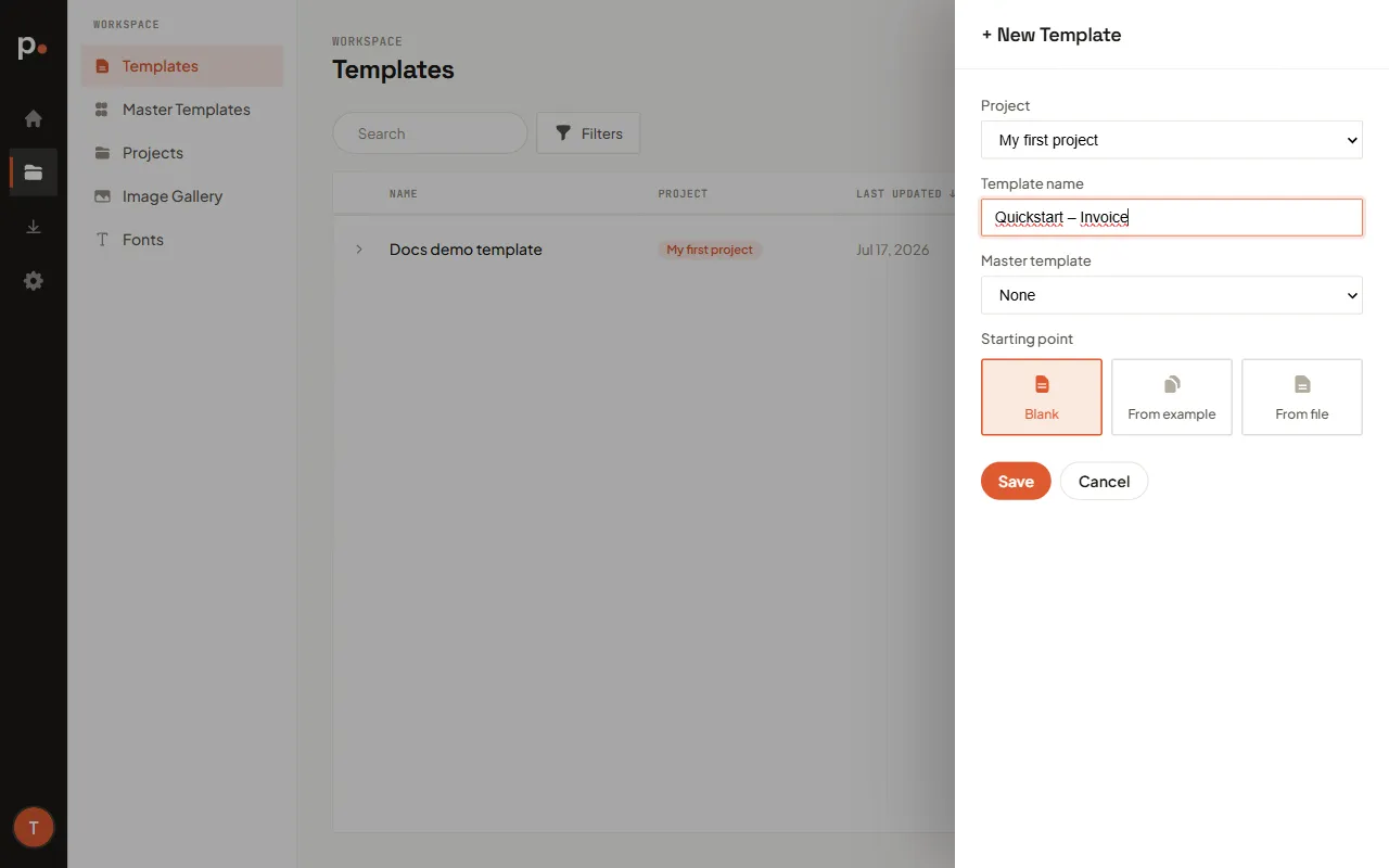 The New Template panel with a name filled in and the Blank starting point selected