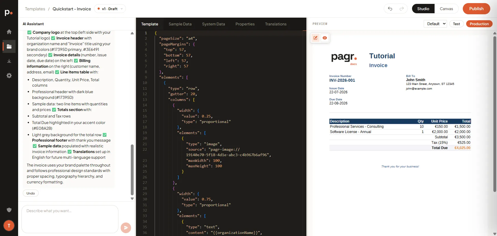 The template editor with the AI Assistant, the template tabs, and the preview