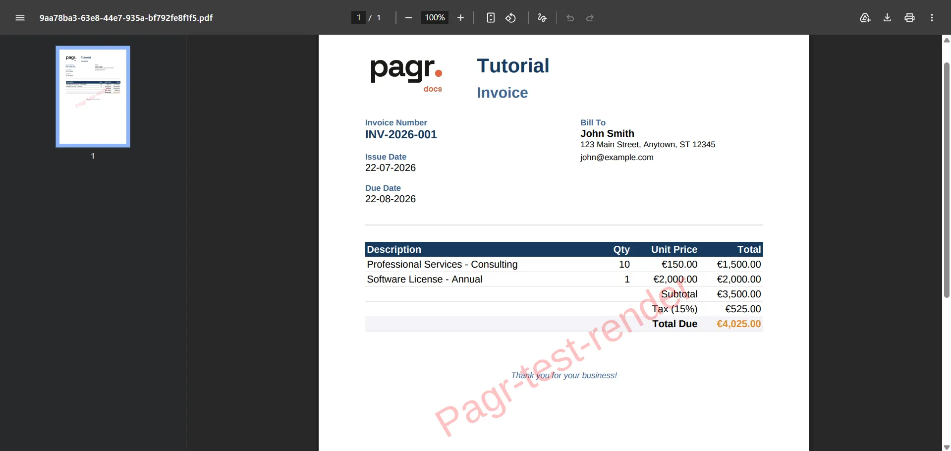 The rendered invoice PDF with the test-render watermark