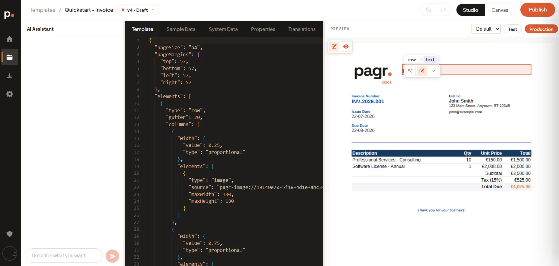 The invoice heading outlined in the preview, with a row > text breadcrumb above it and the action bar alongside