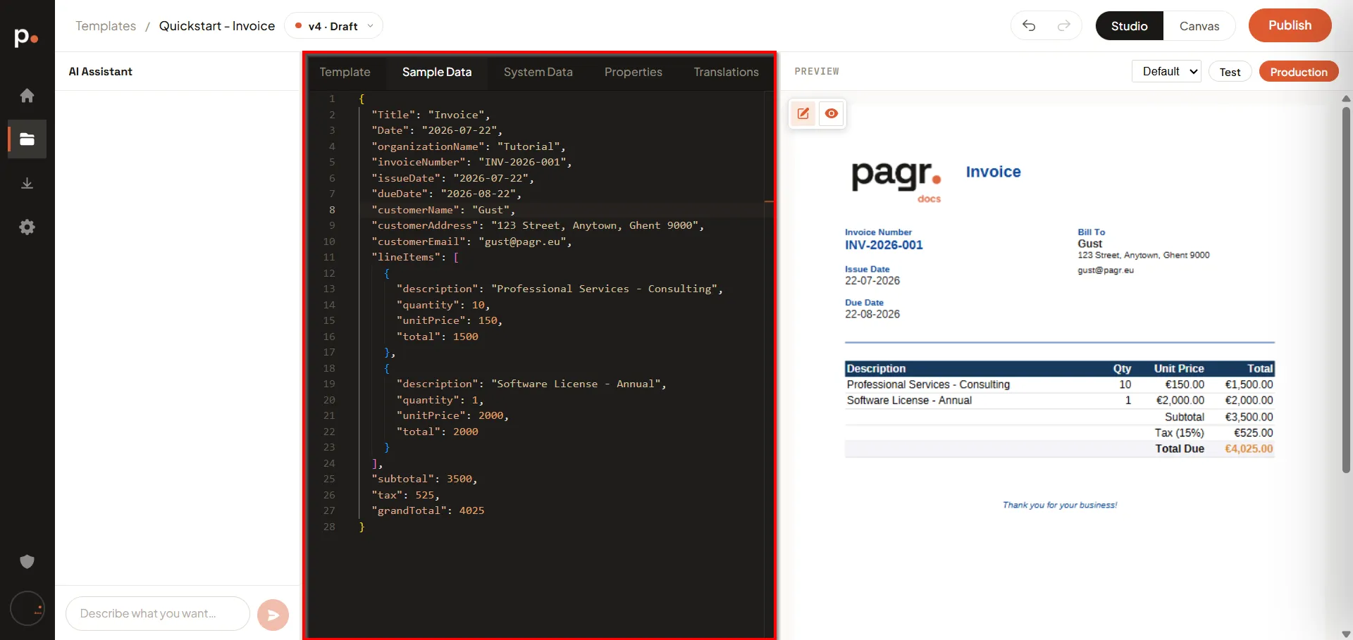 The Sample Data tab with the invoice’s fields edited, and the preview showing the new customer in the Bill To block