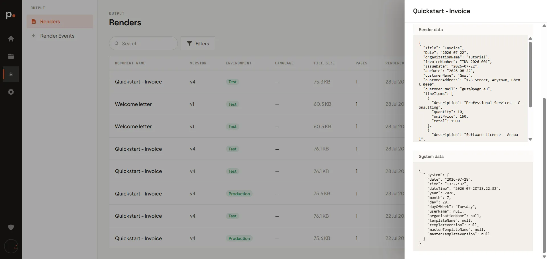 The Renders list with several renders of the same template version, and a detail panel showing the render data behind one of them