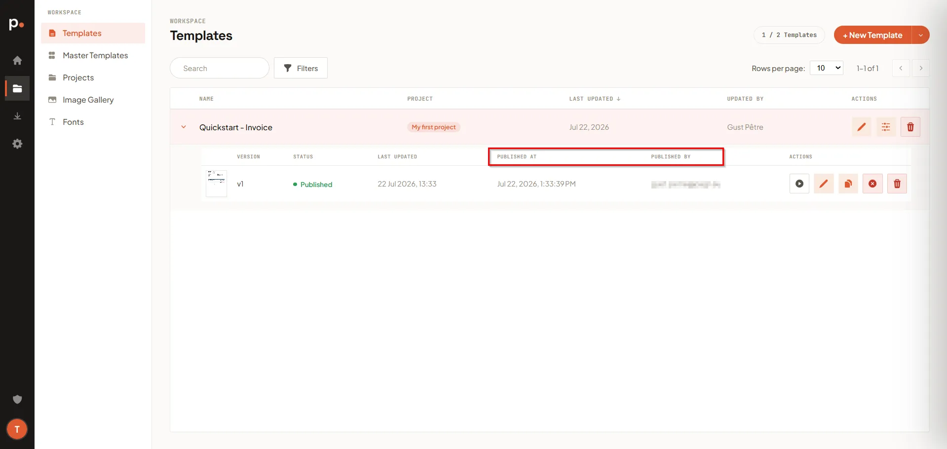 The version row showing the Published status with Published at and Published by