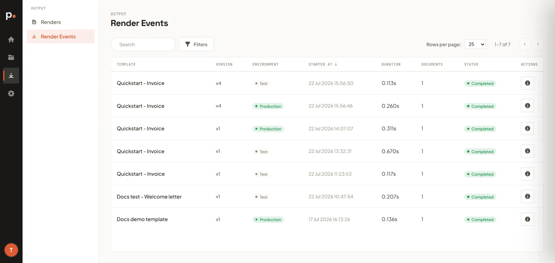 The Render Events list with Template, Version, Environment, Started At, Duration, Documents, Status, and Actions columns