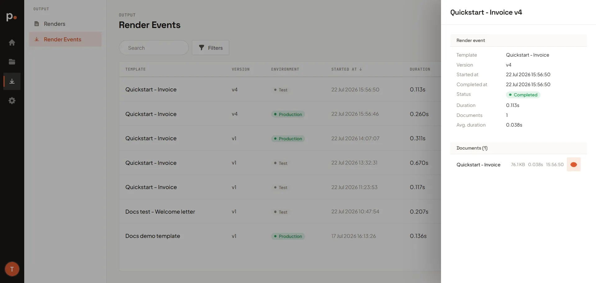 The render event Details panel showing the Render event metadata and the Documents list