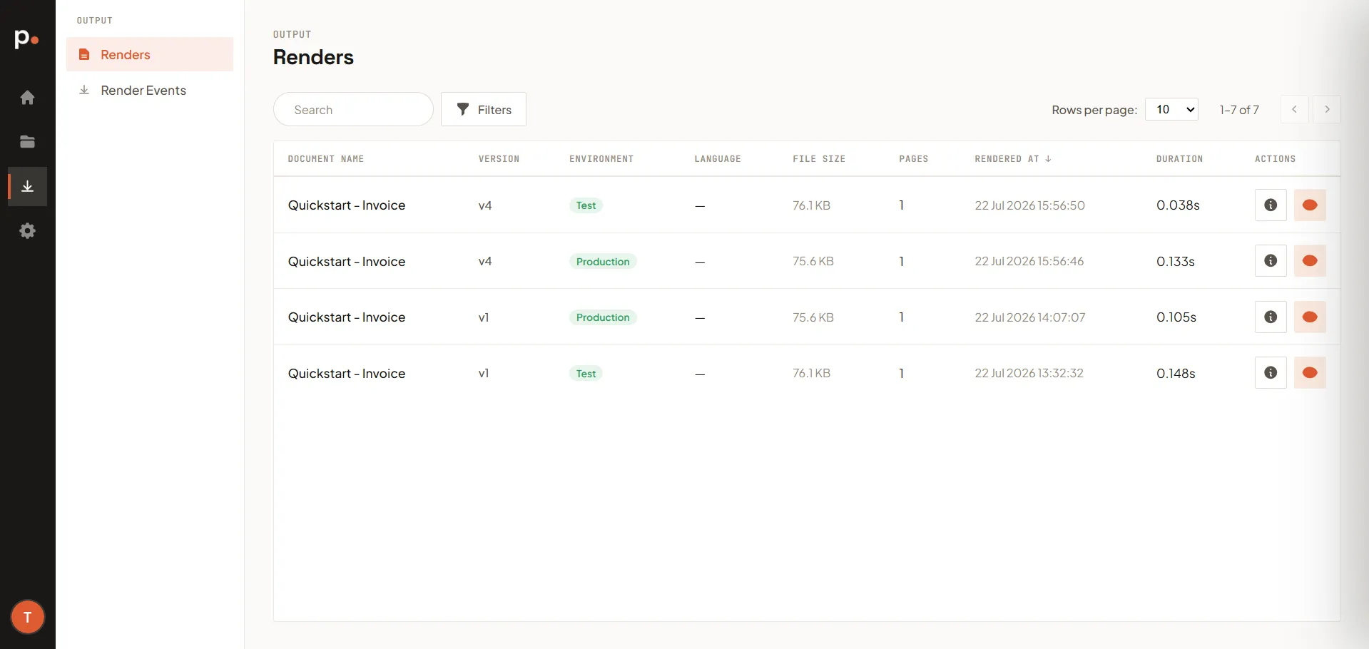 The Renders list with Document Name, Version, Environment, Language, File Size, Pages, Rendered At, Duration, and Actions columns