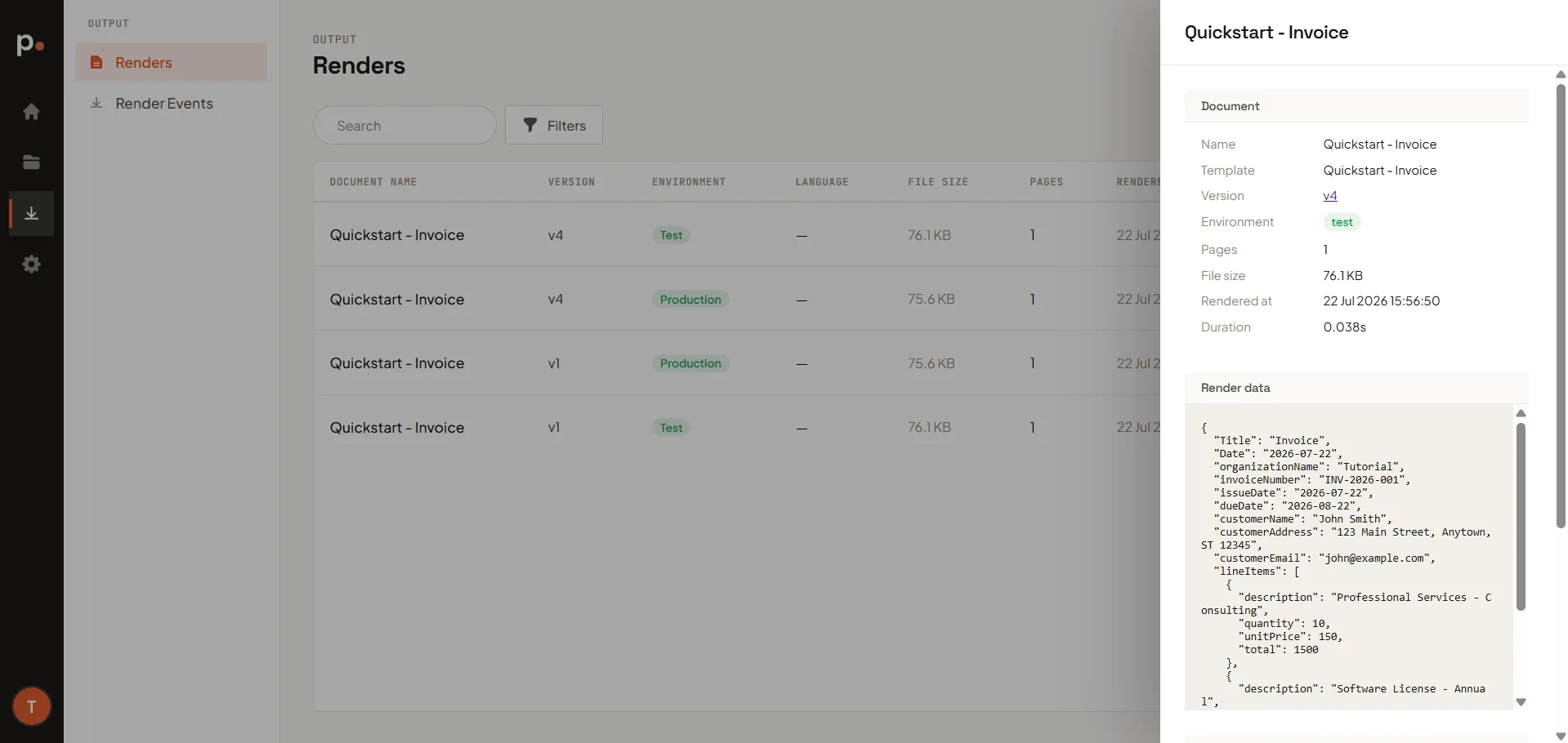 The render Details panel showing the Document, Render data, and System data sections