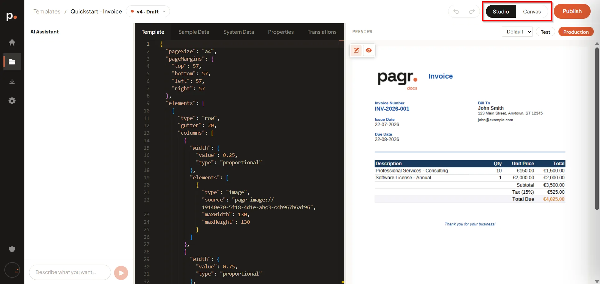 The template editor with the Studio / Canvas toggle highlighted in the top-right of the toolbar, next to Publish
