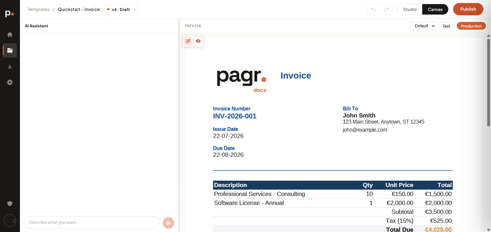 The editor in Canvas view: the AI Assistant on the left and a rendered invoice filling the full-width preview, with no editing tabs