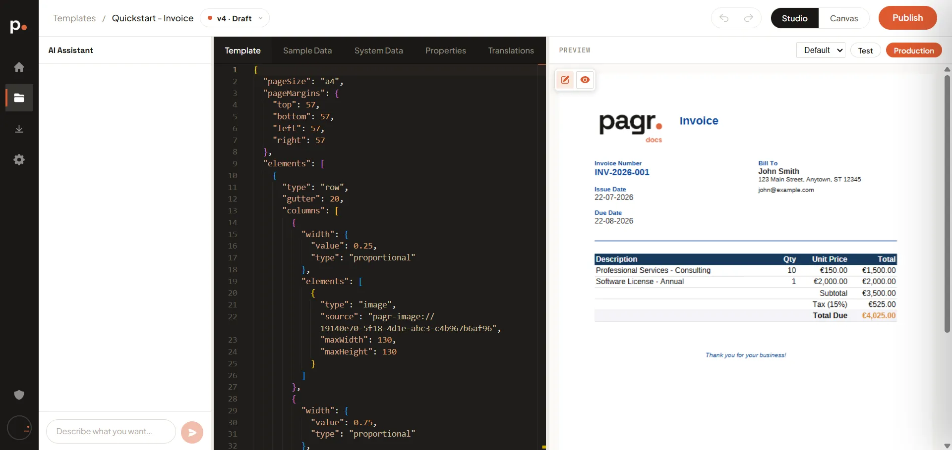 The same template in Studio view: the AI Assistant on the left, the five editing tabs with the template JSON in the centre, and the same rendered invoice in a narrower preview on the right